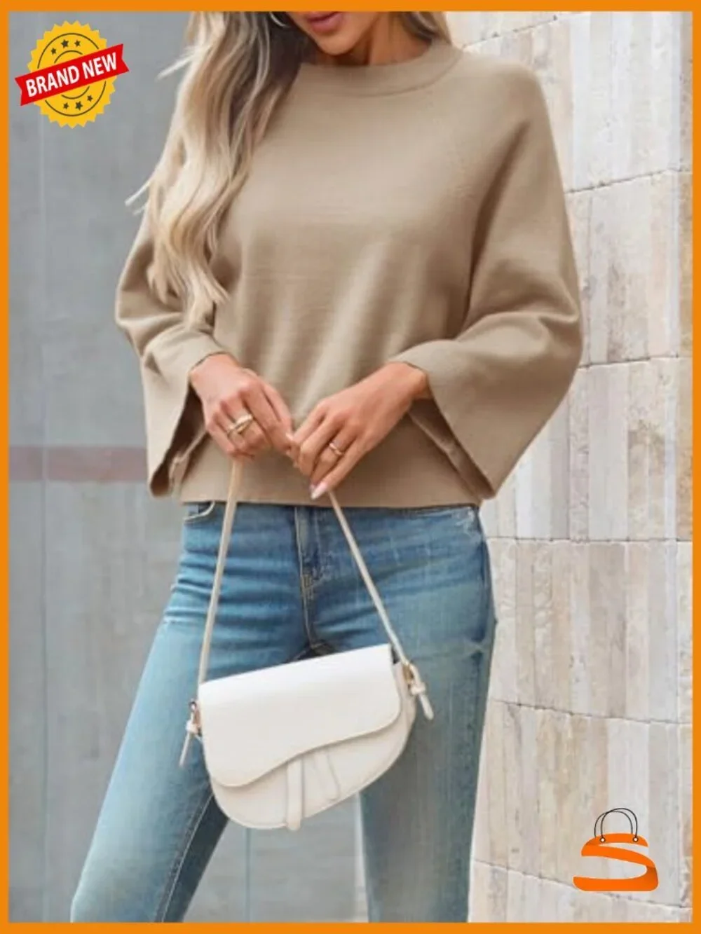 Womens Crew Neck Batwing Sweater 3/4 Sleeve Loose Fit Knit Pullover